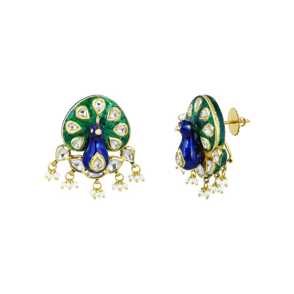 Peacock Motif Polki Earrings with Enamel and Pearls Cluster